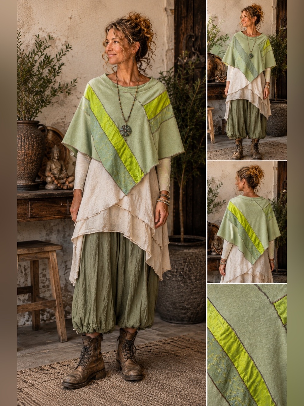 Hemp Elegance EquinaWear Silk Patchwork Poncho Green One of a Kind